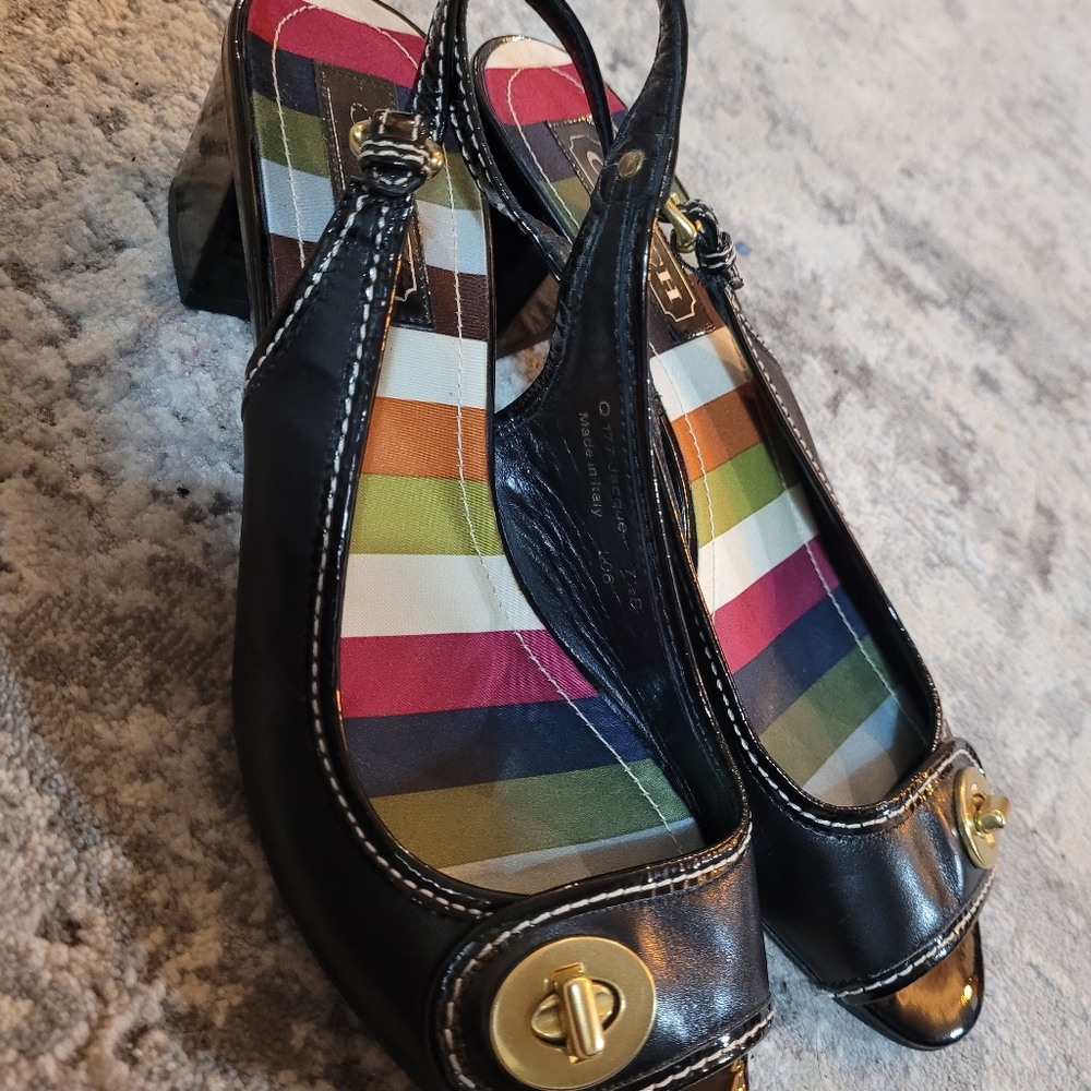 Coach black sling back peep toe chunky low heel